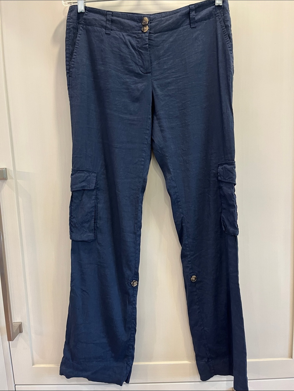 Women's Theory Low Rise Navy Cargo Linen Blend Convertible Wider Leg Pants -Tall